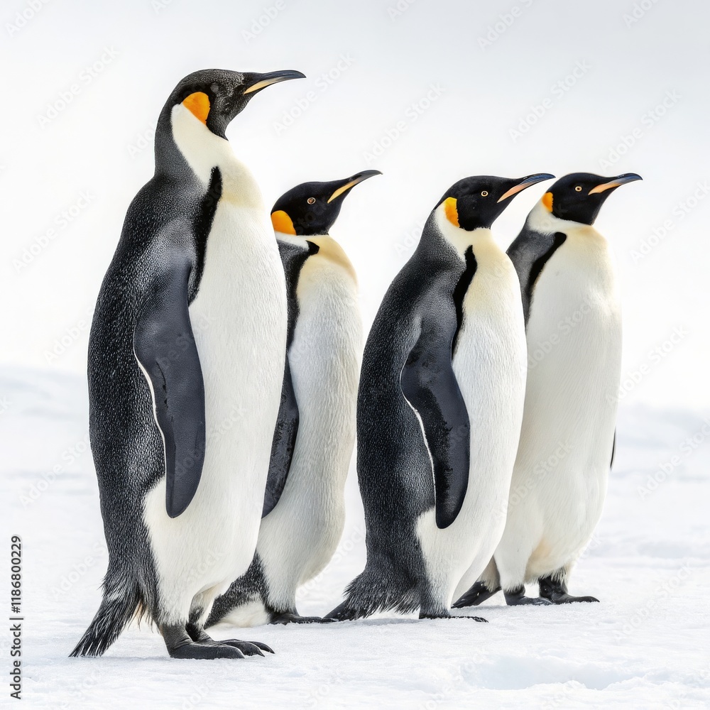 Fototapeta premium Four Emperor Penguins in a Row Composition, Antarctica, Wildlife Photography, Aptenodytes forsteri Emperor Penguin, Antarctica