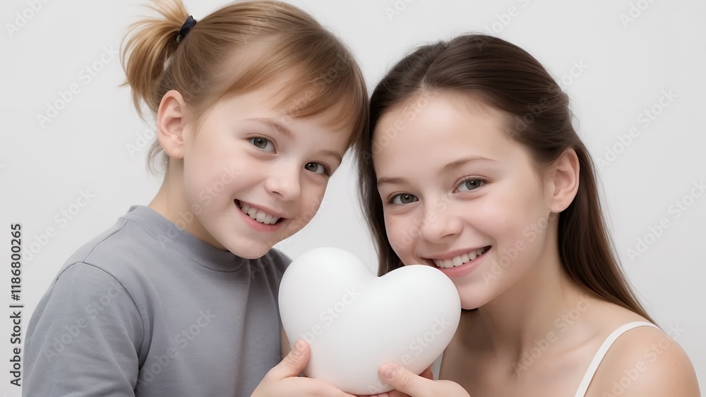 Adult Child Holding Large Red Heart White Background Gentle Smiles Professional Studio Lighting High Resolution Microstock Adult Child Holding Large Red Heart White Background Gentle Smiles Professional Studio Lighting High Resolution Microstock