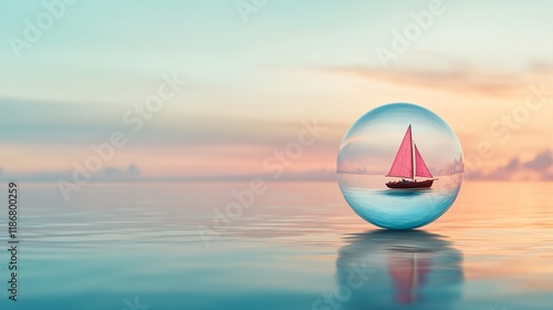 A sailboat with a pink sail reflected in a serene glass sphere on calm waters under a pastel sky.