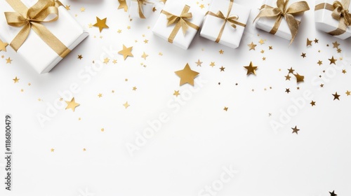Christmas and New Year background. Gift boxes, golden balls and confetti on white background. Flat lay, top view, copy space.