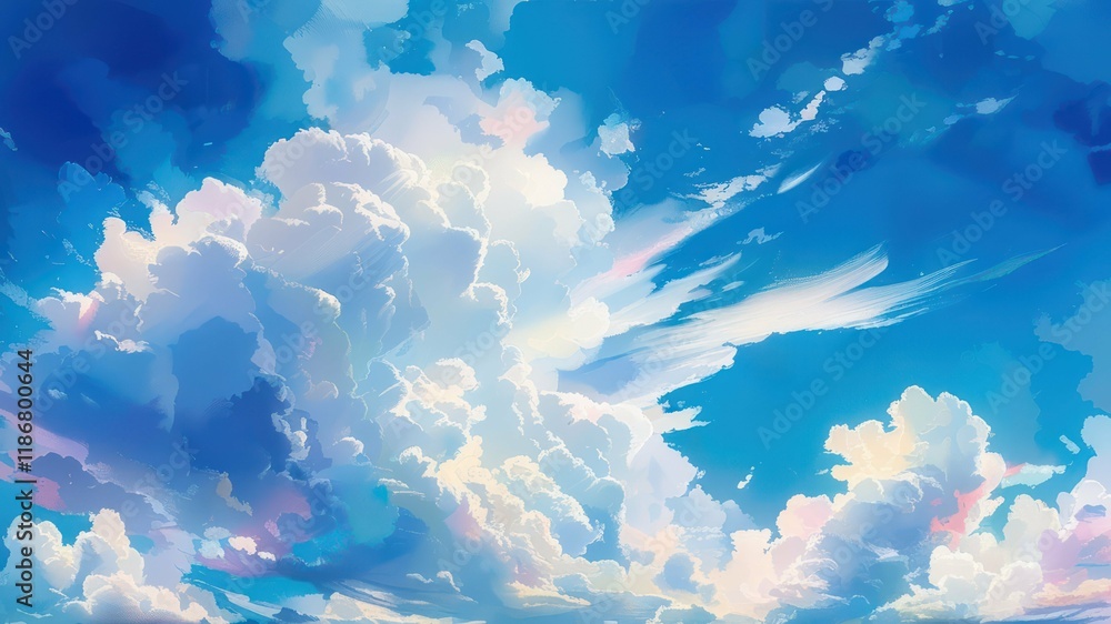 Vibrant blue sky filled with fluffy clouds during daylight, creating a serene and peaceful atmosphere Vibrant blue sky filled with fluffy clouds during daylight, creating a serene and peaceful atmosphere