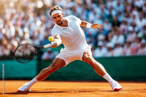 Tennis player returning a shot on clay court
