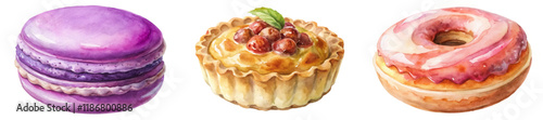 Colorful dessert illustrations, watercolor style, macarons, tart, donut, sweet treats, food art, bakery design.