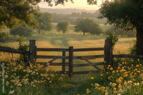 Scenic countryside field with a wooden gate during sunrise photo