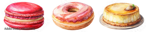 Colorful dessert illustrations, watercolor style, macarons, donuts, cheesecake, sweet treats, bakery art, food design.