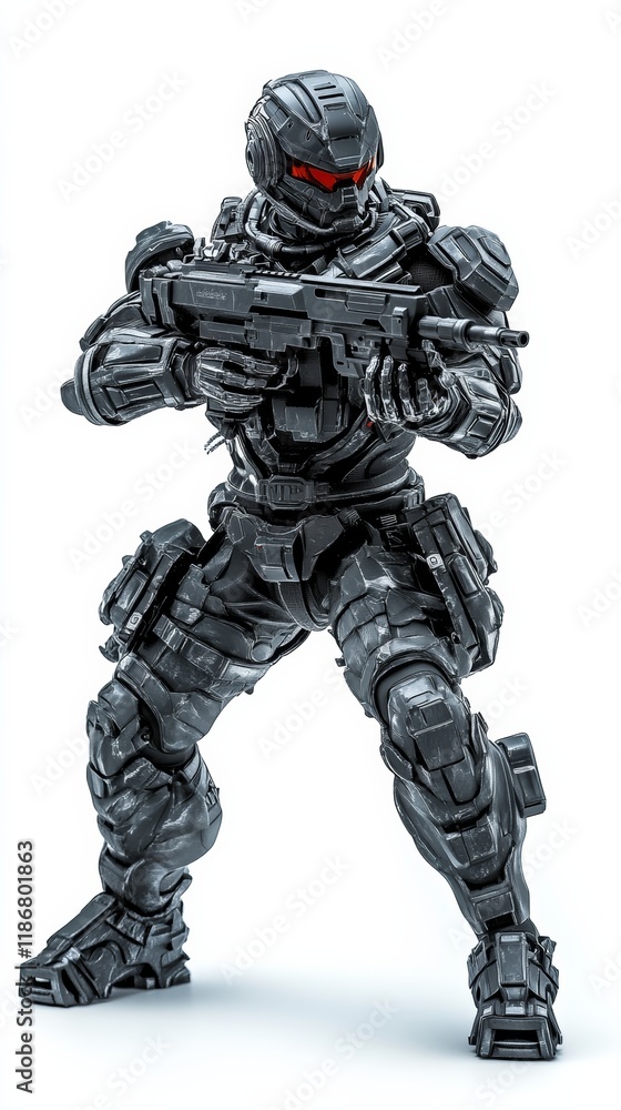 Armored super soldier standing in tactical pose, wielding high-tech assault rifle, radiating combat-ready intensity and military precision Armored super soldier standing in tactical pose, wielding high-tech assault rifle, radiating combat-ready intensity and military precision