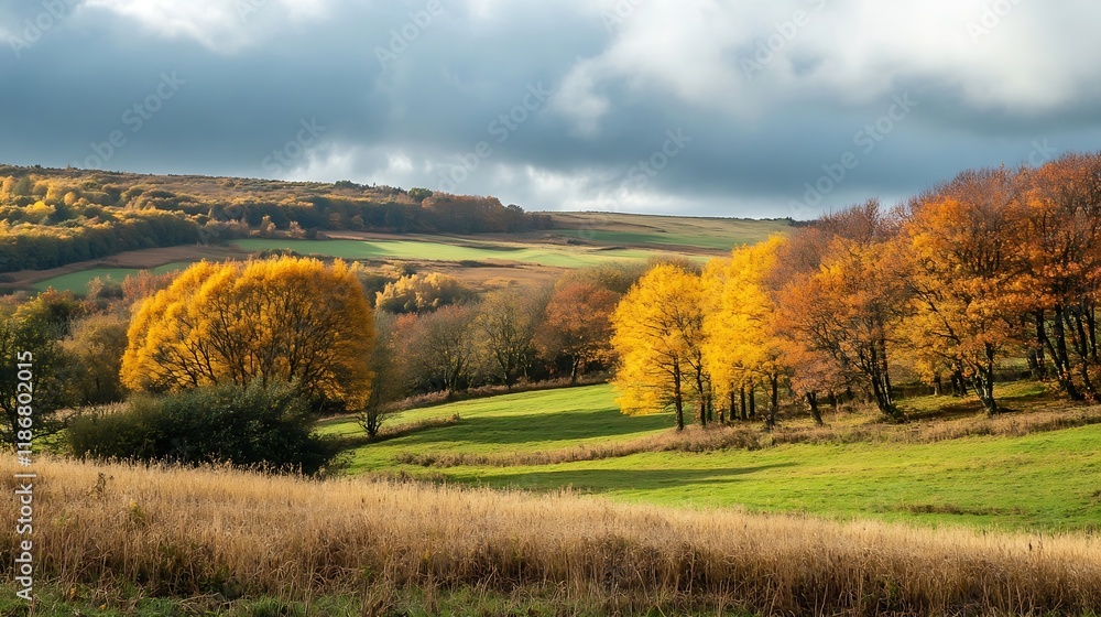 Fototapeta premium Scenic Autumn Landscape with Vibrant Yellow and Orange Trees Under a Cloudy Sky : Generative AI