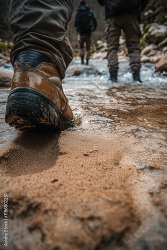 Rain-soaked hikers trudge across stream