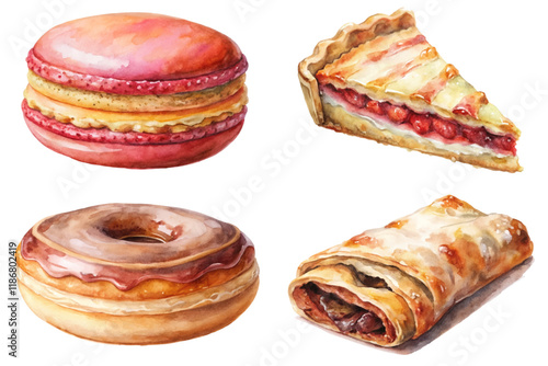 Colorful dessert illustrations, watercolor style, sweet pastries, macaron, pie slice, donut, strudel, food art.