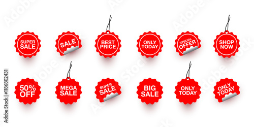 Collection of red stickers or vector sale icons. shop now, big sale, sale, only today, special offer, best price, Sale, 50% off
