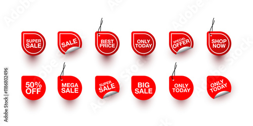 Collection of red stickers or vector sale icons. shop now, sale, only today, special offer, best price, Sale, 50% off, big sale