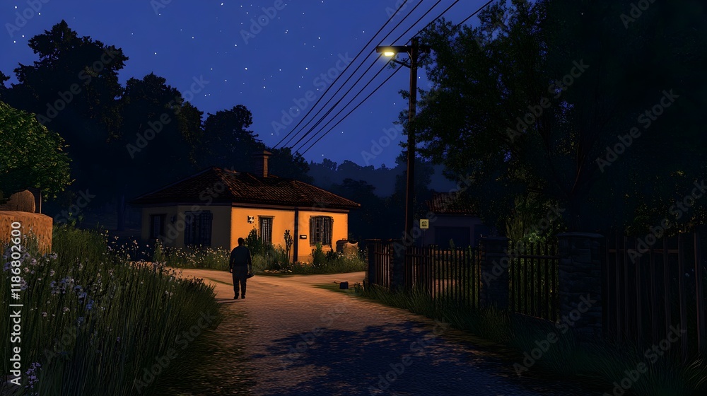 Serene Night Sky Filled with Deep Blue Hues Over Quiet Country Scene Serene Night Sky Filled with Deep Blue Hues Over Quiet Country Scene
