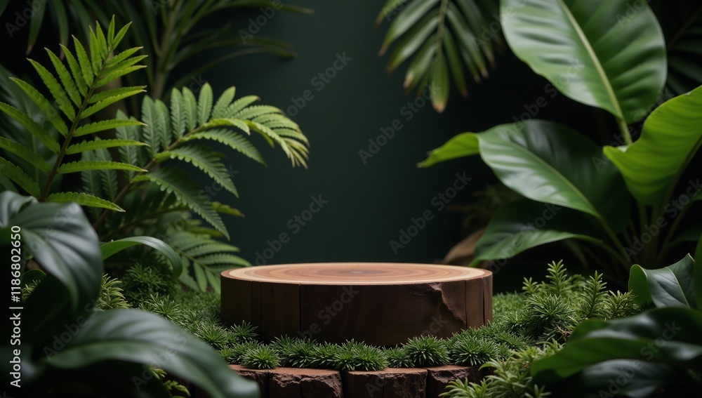 Eco-friendly product display on dark wood pedestal adorned with lush greenery and a tropical jungle backdrop perfect for sales promotions Eco-friendly product display on dark wood pedestal adorned with lush greenery and a tropical jungle backdrop perfect for sales promotions