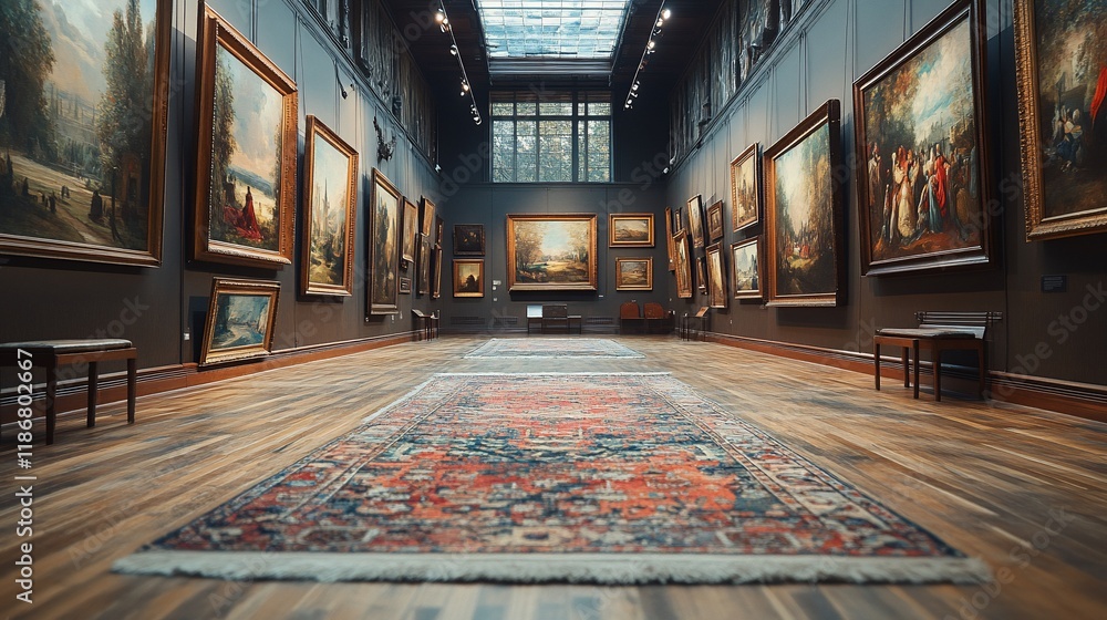 Obraz premium Art Gallery Interior Featuring Numerous Paintings and Rugs
