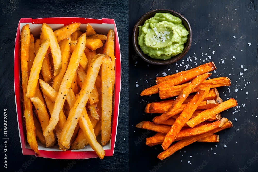 Golden French fries vs. baked sweet potato fries: contrasting indulgence and health, healthy food and junk food Golden French fries vs. baked sweet potato fries: contrasting indulgence and health, healthy food and junk food