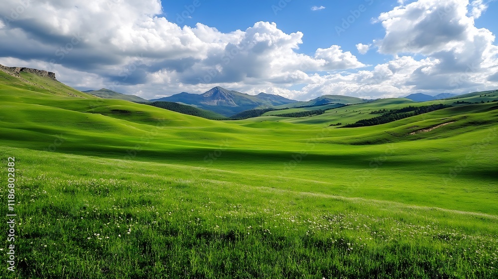 Fototapeta premium Vast Green Landscape with Rolling Hills and Blue Sky on a Clear Day in Countryside : Generative AI