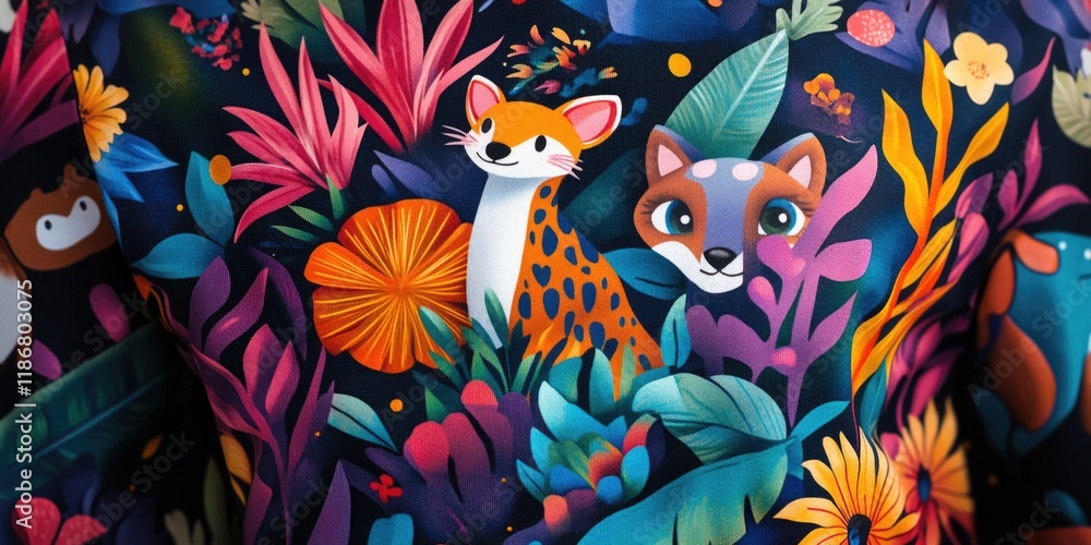 Obraz premium Colorful shirt with a forest scene and animals on it. The animals are a fox and a giraffe