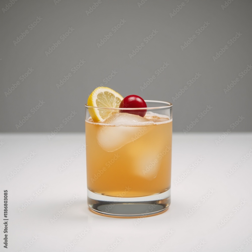 A whiskey sour cocktail lemon slice cherry sits in a short glass against a pure white backdrop under soft lighting with a minimalist composition A whiskey sour cocktail lemon slice cherry sits in a short glass against a pure white backdrop under soft lighting with a minimalist composition
