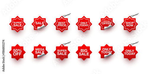 Collection of red stickers or vector sale icons. special offer, shop now, big sale, only today, sale, best price, Sale, 50% off