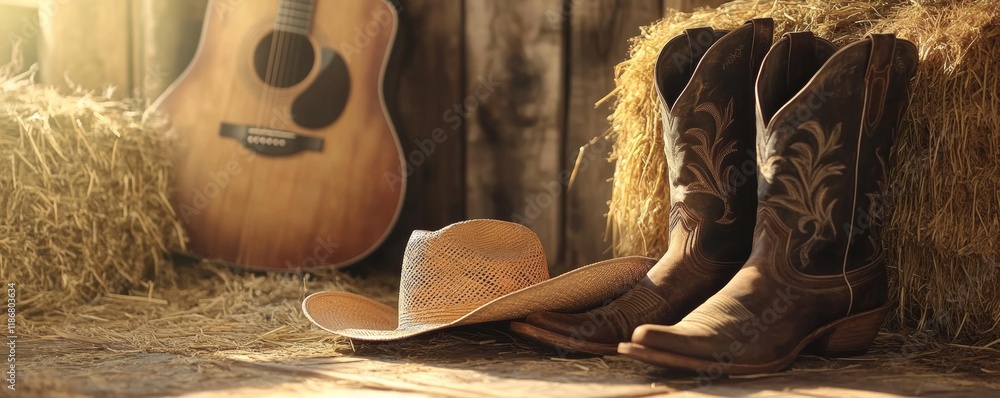 Leather cowboy boots, acoustic guitar and straw hat are displayed on a hay bale in a barn, creating a rustic country scene