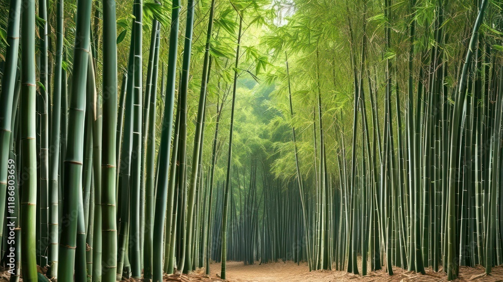 Fototapeta premium Lush bamboo forest with tall green plants creating a serene and tranquil atmosphere