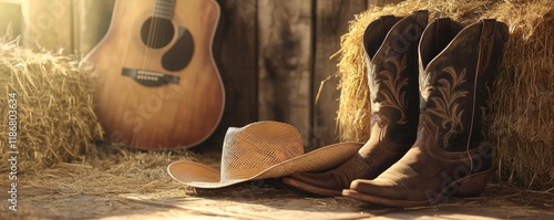Obraz na płótnie Leather cowboy boots, acoustic guitar and straw hat are displayed on a hay bale in a barn, creating a rustic country scene w salonie