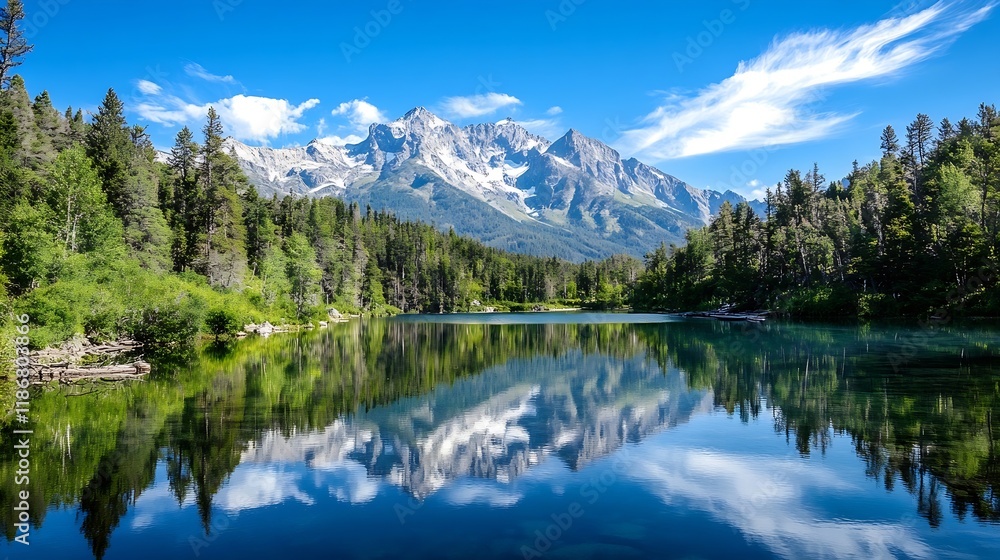 Scenic Alpine Lake and Mountain Landscape with Reflective Waters and Clear Blue Skies : Generative AI Scenic Alpine Lake and Mountain Landscape with Reflective Waters and Clear Blue Skies : Generative AI
