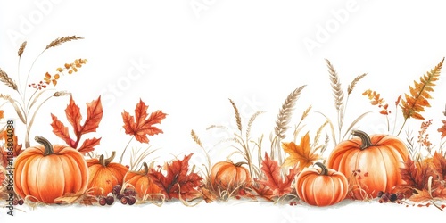 A seasonal Halloween border featuring pumpkins, colorful autumn leaves, and dried sorghum creates a festive atmosphere for the fall season.