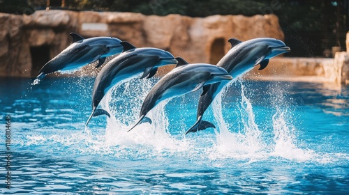 Amazing acrobatic dolphins leaping and playing in the turquoise water of a marine park, showcasing their elegance and playful nature. photo