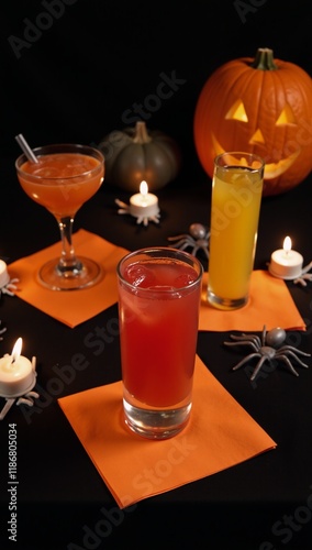 Halloween-inspired beverages served in glasses complete with spider candles and a Jack o Lantern at dusk 6pm photo