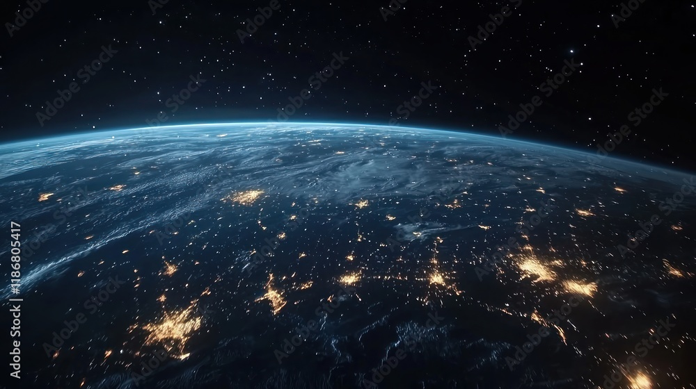 Obraz premium Wide shot of Earth from space, nighttime lights glowing with stars in the background