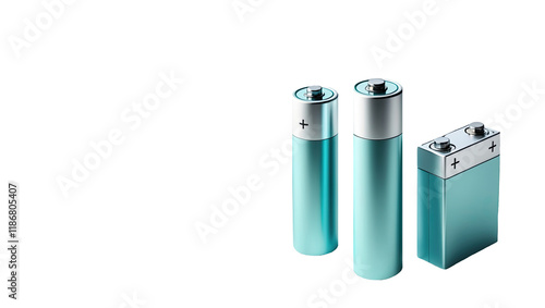 Set of Three Minimalistic Batteries (AA, AAA, PP3 ) on Transparent Background photo