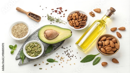 Healthy Fats Flatlay Composition of Avocado, Nuts, Seeds and Oil, healthy food, healthy fats