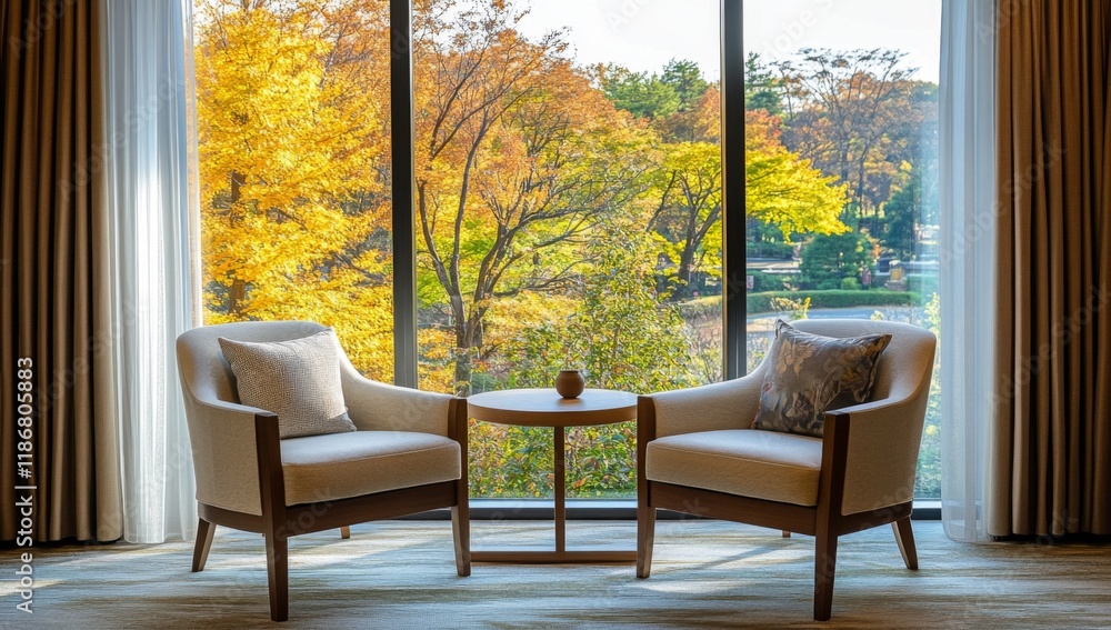 Fototapeta premium Japanese-Style Hotel Room with Elegant Wooden Table and Chairs. Large Window Showcases Stunning Autumn Views of Colorful Trees.