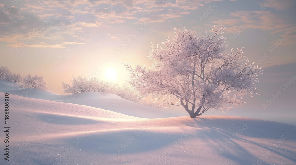 Frosty winter sunrise landscape with snow-covered trees and rolling hills. Frosty winter sunrise landscape with snow-covered trees and rolling hills.