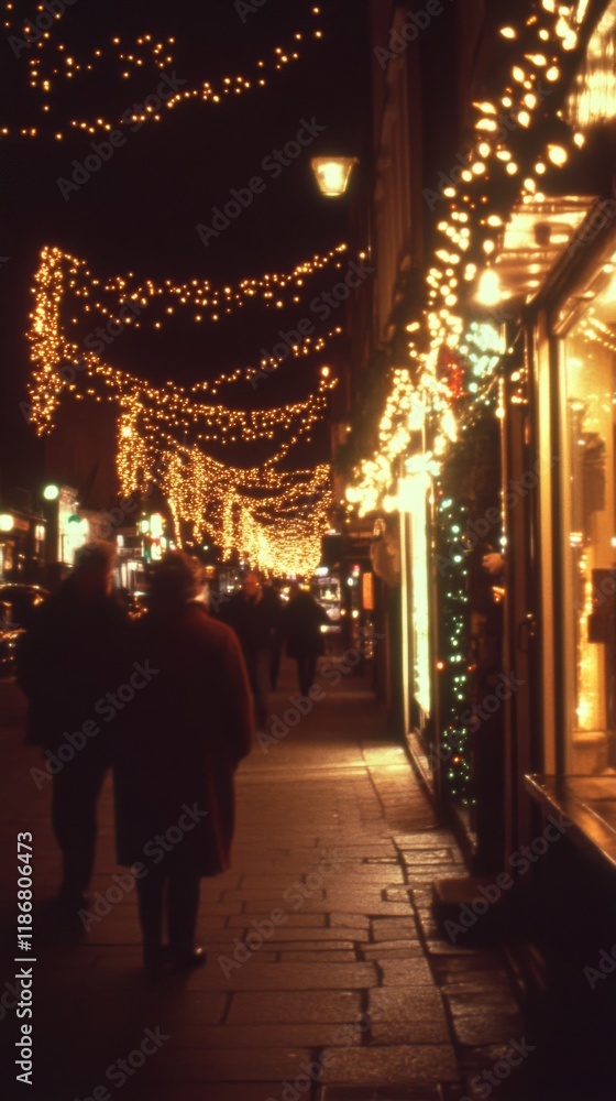 Romantic street with glowing string lights at night Romantic street with glowing string lights at night