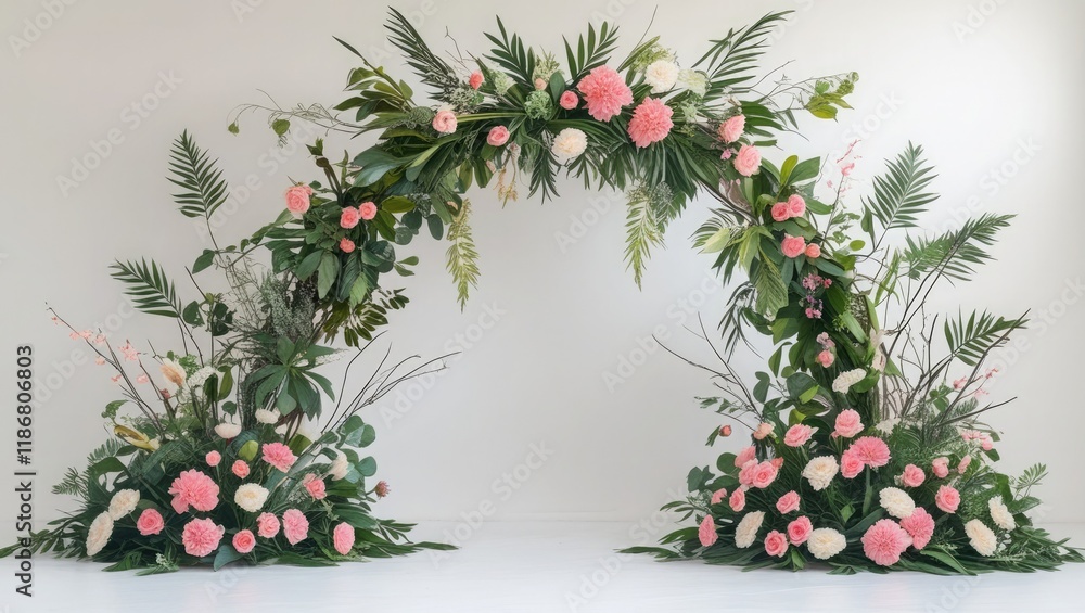 Arrangement of flower arches featuring leaves, branches, and flowers against a white backdrop. A notion of elegance, embellishment, and festivity Arrangement of flower arches featuring leaves, branches, and flowers against a white backdrop. A notion of elegance, embellishment, and festivity