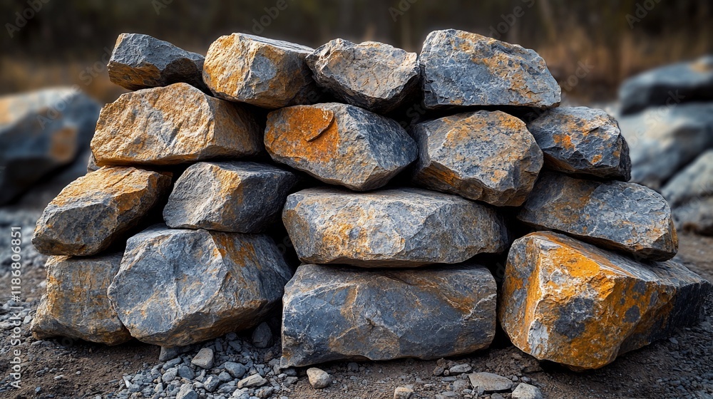A pile of grey and orange stones rests on the ground A pile of grey and orange stones rests on the ground