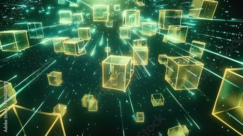 Abstract digital background with glowing cubes and streaks.