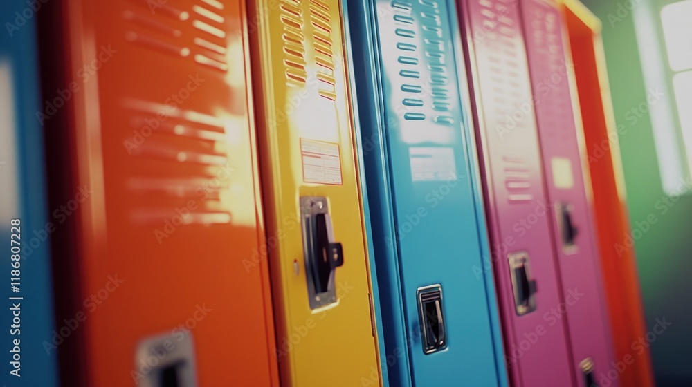 Naklejka premium Row of colorful lockers, including a bright yellow one in the middle, are lined up against a wall. The lockers are of various colors, with the yellow one standing out as the central piece