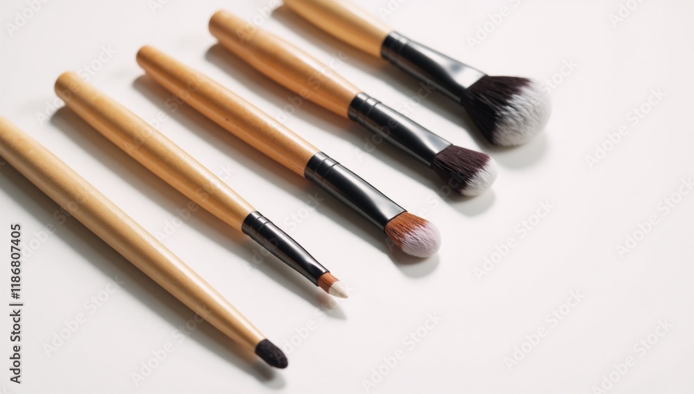 Natural wood handle eco-friendly makeup brushes displayed on clean white backdrop with shadowy highlights Natural wood handle eco-friendly makeup brushes displayed on clean white backdrop with shadowy highlights