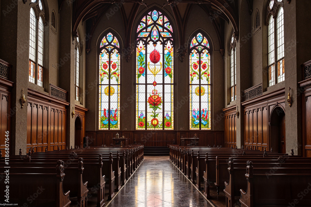 Fototapeta premium Sacred Church Interior with Illuminated Stained Glass