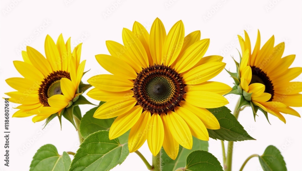 Fototapeta premium Isolated sunflower botanical summery yellow blooms and vibrant green foliage on a hand-drawn background