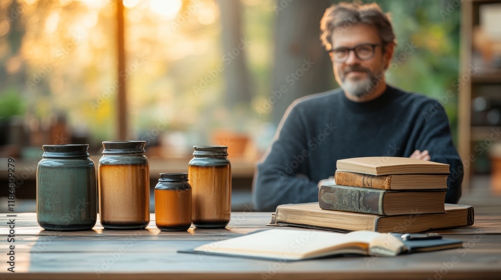 Author's Corner: A thoughtful mature man with a beard and glasses sits at a wooden table with a stack of old books and jars, looking at the camera. Author's Corner: A thoughtful mature man with a beard and glasses sits at a wooden table with a stack of old books and jars, looking at the camera.