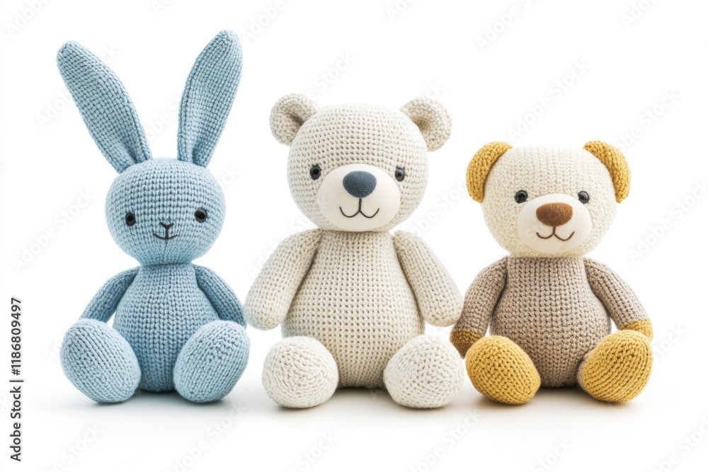 Three cute knitted stuffed animals - blue bunny, small bear, and flat-design teddy - isolated on white background. Three cute knitted stuffed animals - blue bunny, small bear, and flat-design teddy - isolated on white background.