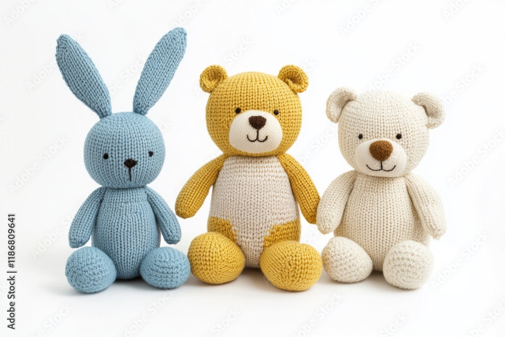 Three cute knitted stuffed animals - blue bunny, small bear, and flat-design teddy - isolated on white background. Three cute knitted stuffed animals - blue bunny, small bear, and flat-design teddy - isolated on white background.