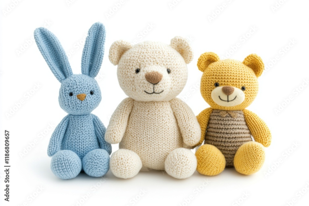 Three cute knitted stuffed animals - blue bunny, small bear, and flat-design teddy - isolated on white background. Three cute knitted stuffed animals - blue bunny, small bear, and flat-design teddy - isolated on white background.