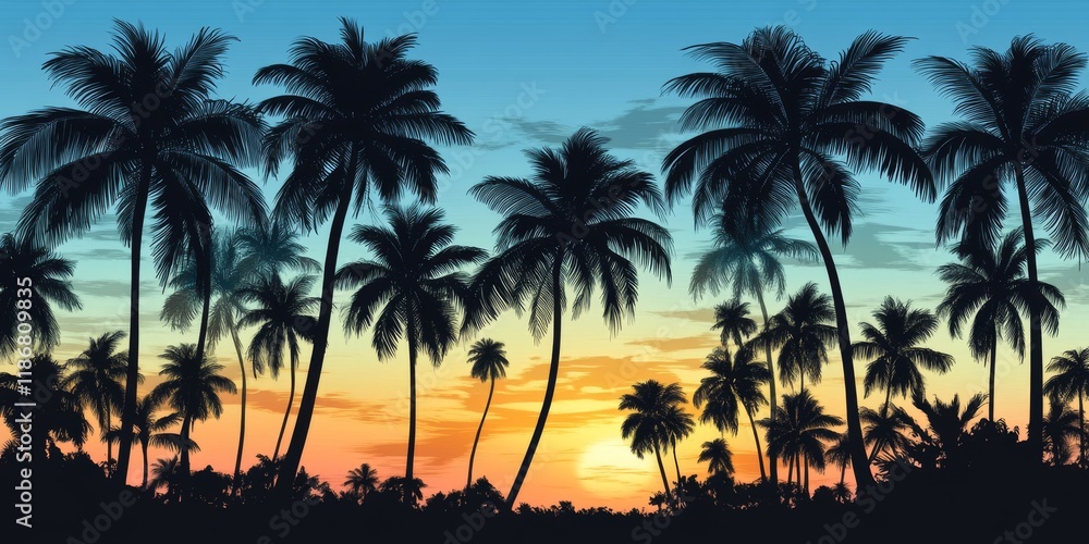 Serene evening sky adorned with tall coconut trees, creating a picturesque view of the tranquil atmosphere where the evening sky meets the lush silhouettes of coconut trees. Serene evening sky adorned with tall coconut trees, creating a picturesque view of the tranquil atmosphere where the evening sky meets the lush silhouettes of coconut trees.
