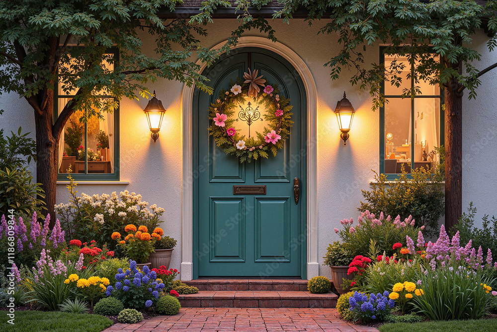 Illuminated Doorway with Spring Wreath Illuminated Doorway with Spring Wreath