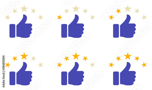 Rating star icon collection. One to five star rating, rate us, review vector icon set.  Feedback with satisfaction rating. Product rating or customer review with star. Thumb up with rating star. 